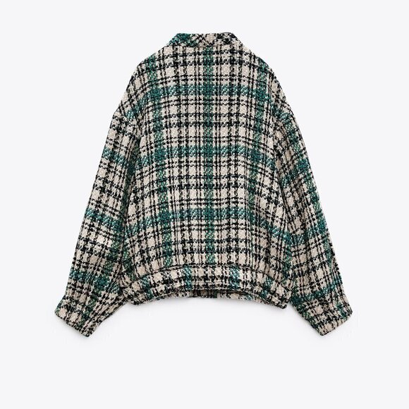 New Zara Plaid Textured Tweed Oversized Bomber Green Chanel Style Jacket NWT XS - Picture 11 of 17